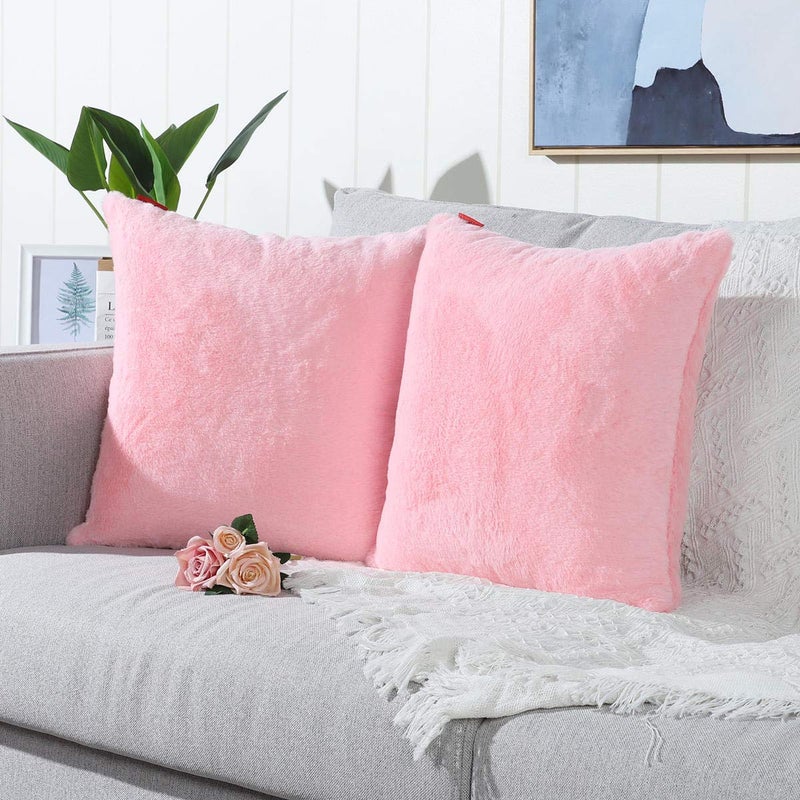 MANDIOO Pack of 2 Pink Faux Fur Fuzzy Cozy Soft Decorative Throw Pillow Covers Set Cushion Cases Pillowcases for Sofa Bedroom Car 16x16 Inches - Image 3